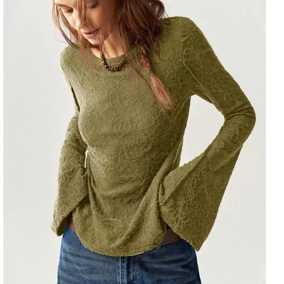Solid lace Fitted Long Bell Sleeve Top